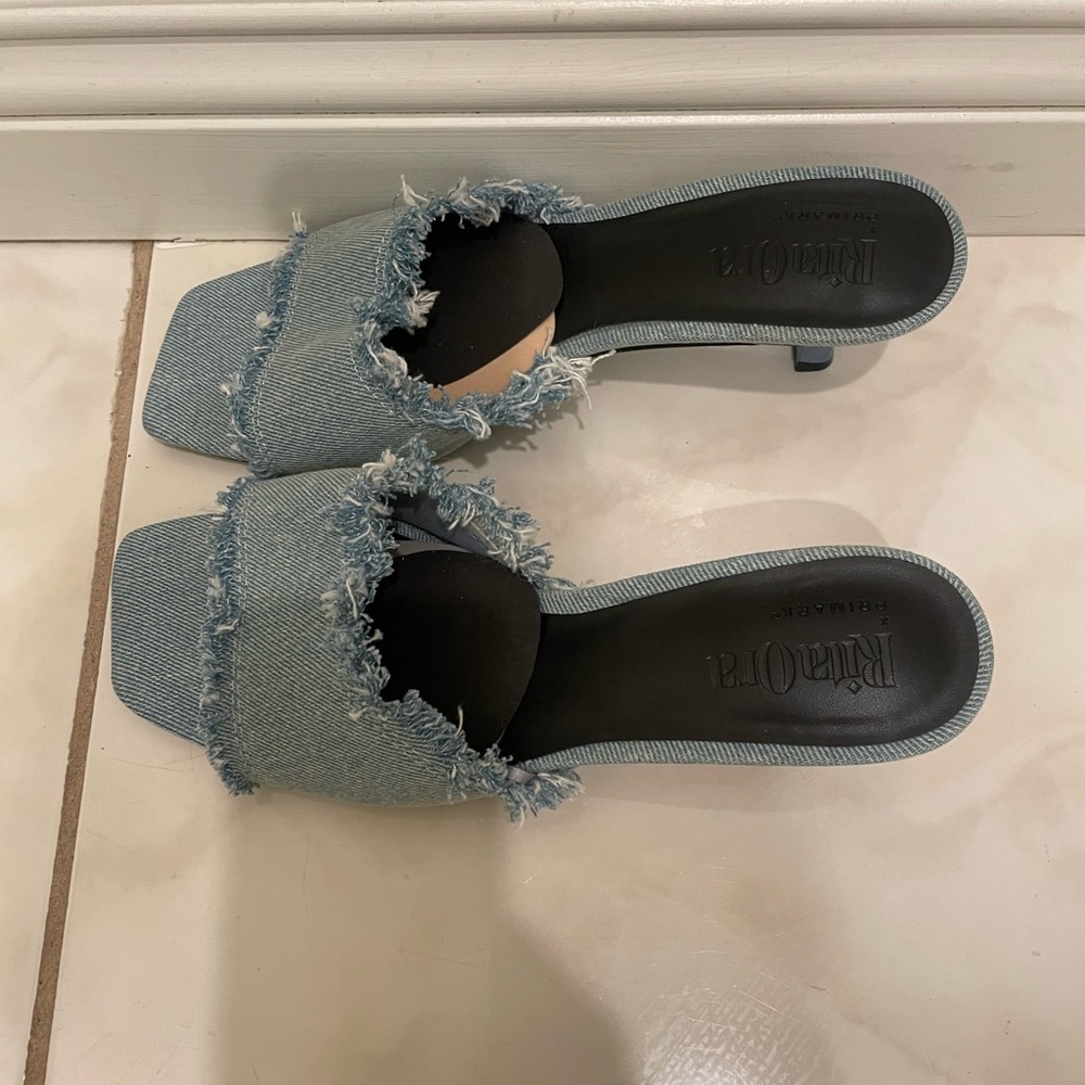 Rita Ora x Primark Frayed Denim Square Toe Heels Size 7 - Picture 2 of 8